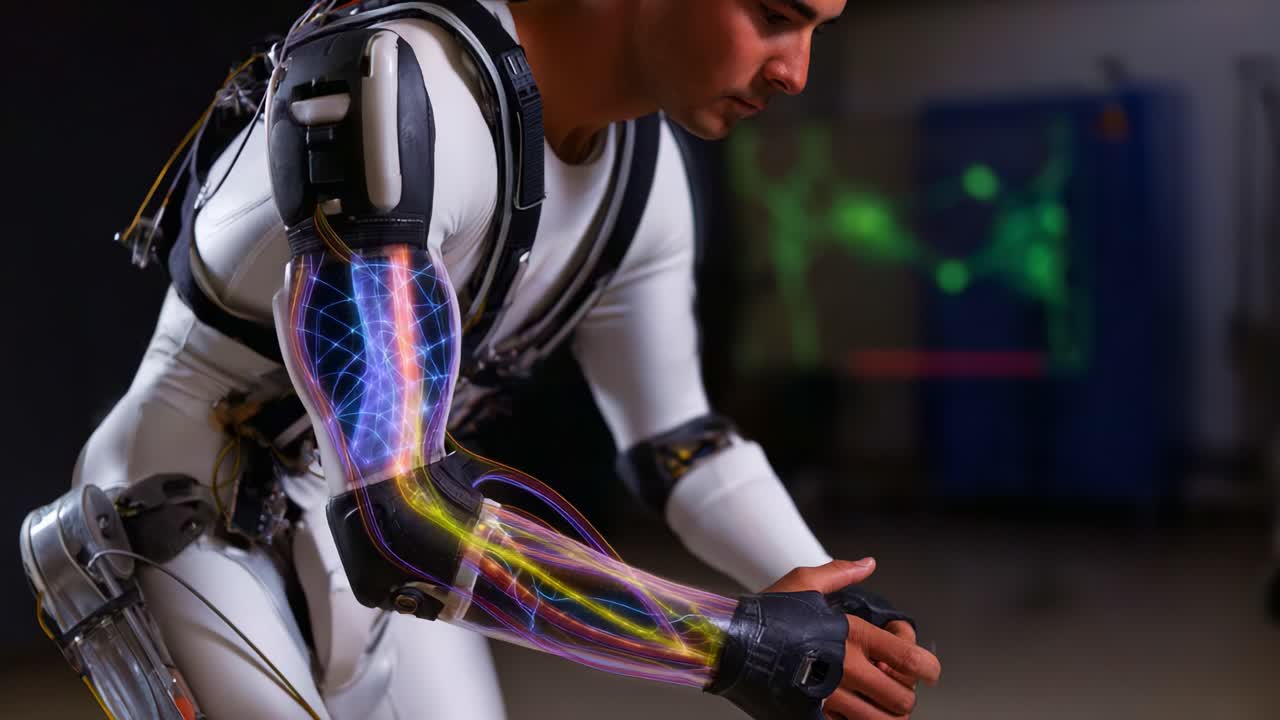 A Human in a Futuristic Robotic Exoskeleton Demonstrates Advanced Arm Functionality with Vivid Neon Energy Patterns in a High-Tech Environment