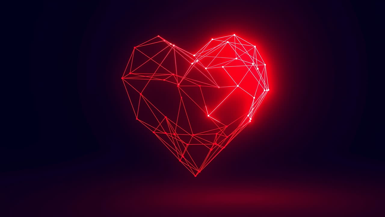 Corazón poligonal rojo brillante flota en el centro de un estudio oscuro, líneas de estructura alámbrica pulsan con luz de neón, holográfico