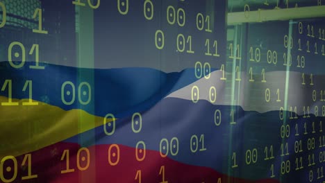 Animation-of-binary-coding-data-processing-over-flag-of-russia-and-ukraine