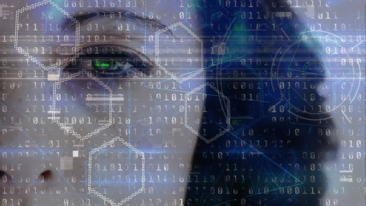 formas hexagonales y procesamiento de datos de codificación binaria contra el primer plano de un ojo femenino