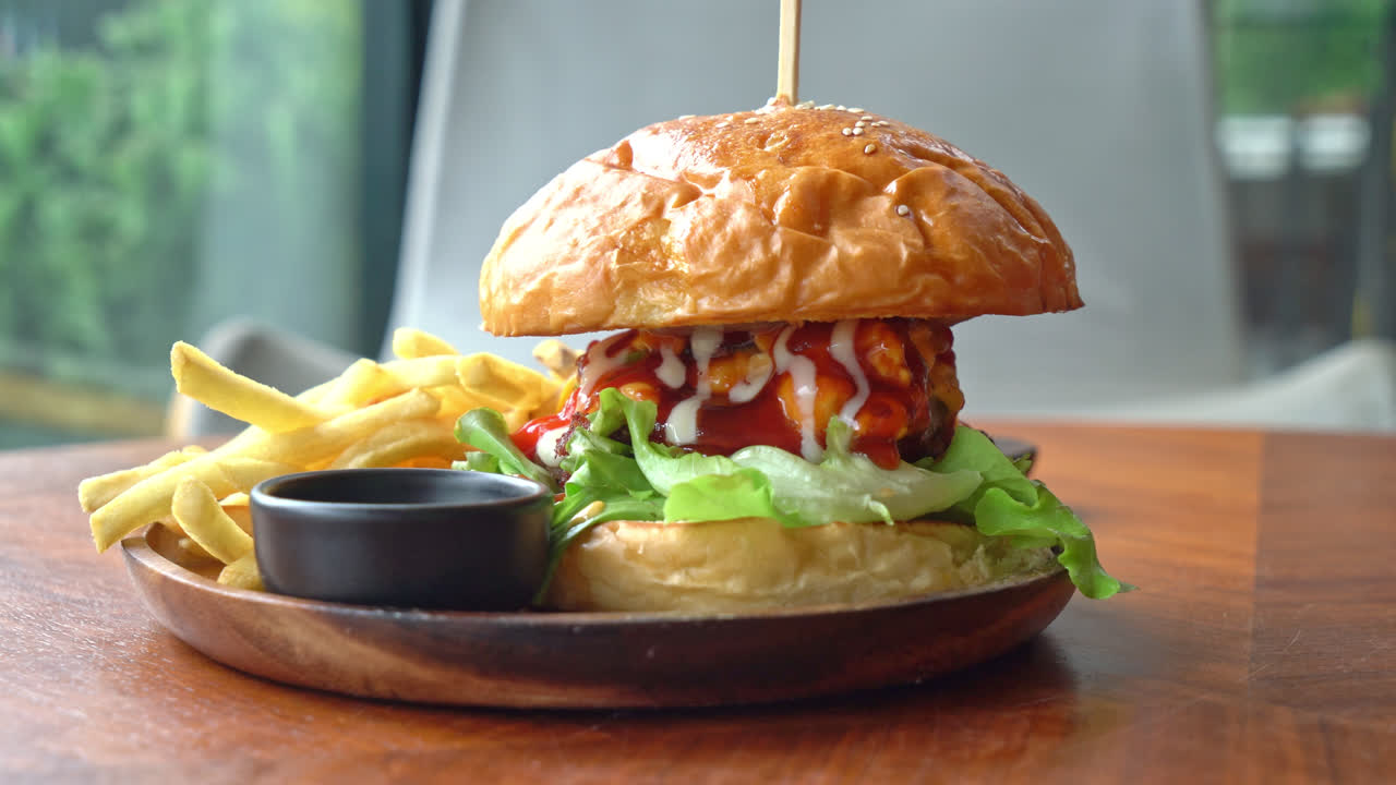 Hamburguesa de ternera con queso y salsa sobre placa de madera