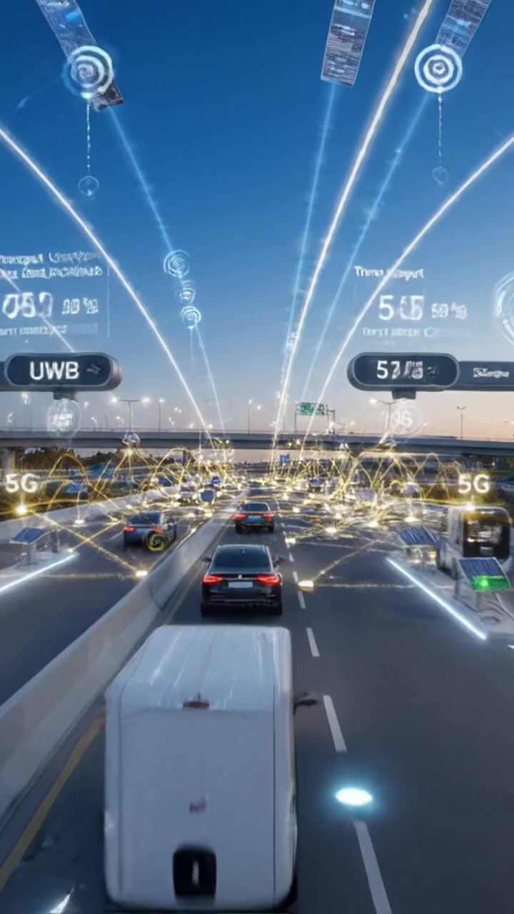Scena di traffico urbano high-tech con veicoli connessi e infrastrutture intelligenti in un paesaggio urbano moderno al crepuscolo.