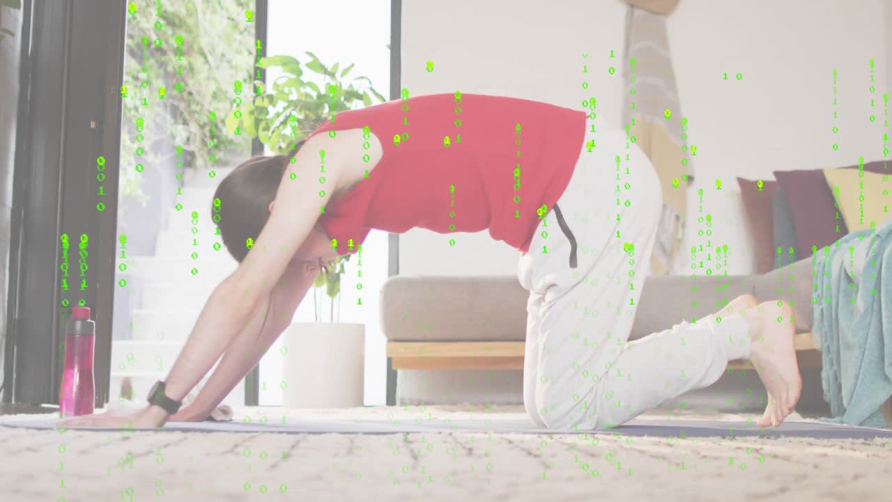 Starting downward dog woman sliding into child's pose as breath icon overlaying smartwatch for calm