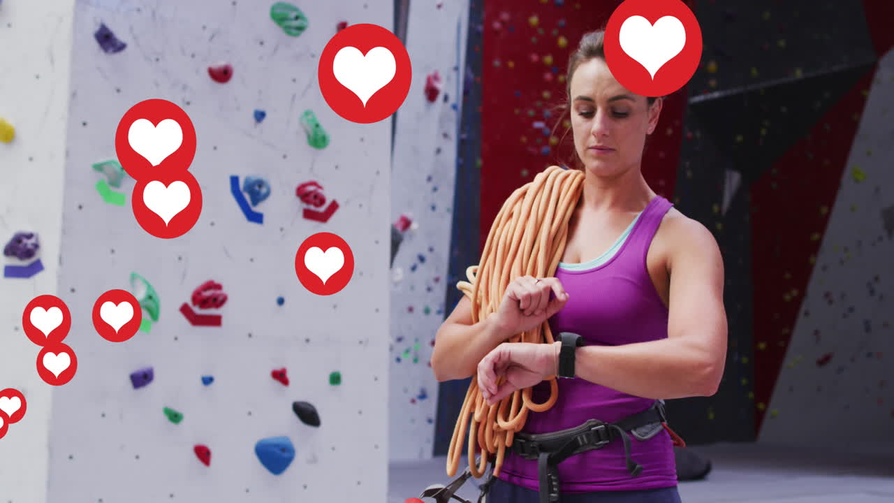 múltiples iconos de corazón flotando contra una mujer en forma caucásica con una cuerda usando un reloj inteligente en el gimnasio