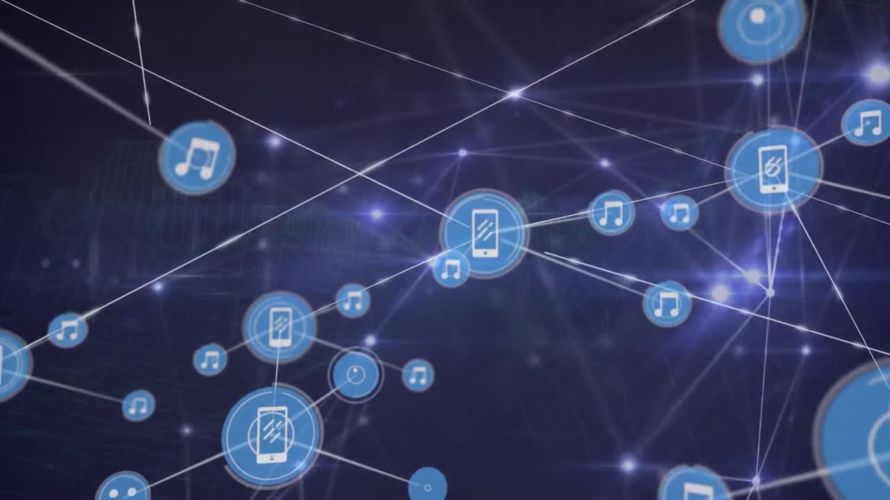 animación de la red de conexiones con iconos y rastros de luz sobre fondo negro