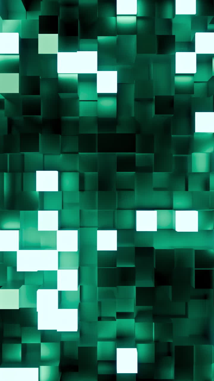 Emerald Pixels Shimmer In Grid, Dense Digital Mosaic Of Glowing Squares And Moving Noise, Cyber Ambience
