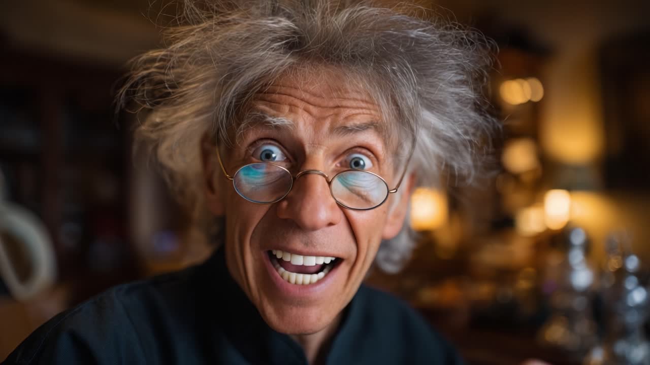 A Surprised Inventor Transforms from Shocked to Elated in Two Frames, Capturing the Essence of Eureka Moments in a Creative Workspace