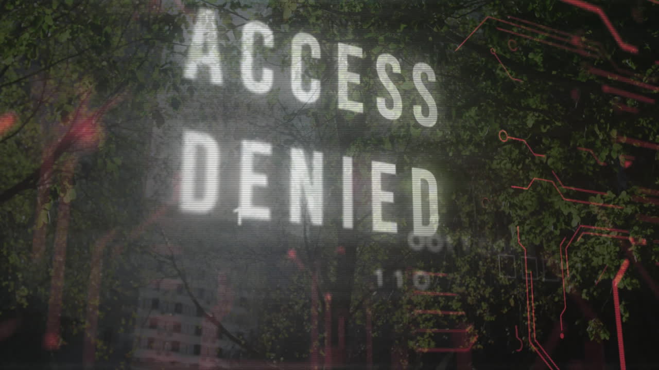 Digital overlay floating over flat design forest, showing red ACCESS DENIED text and binary code