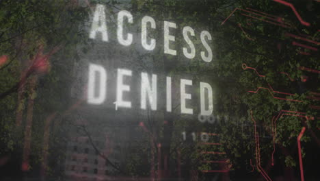 digital overlay floating over flat design forest, showing red access denied text and binary code