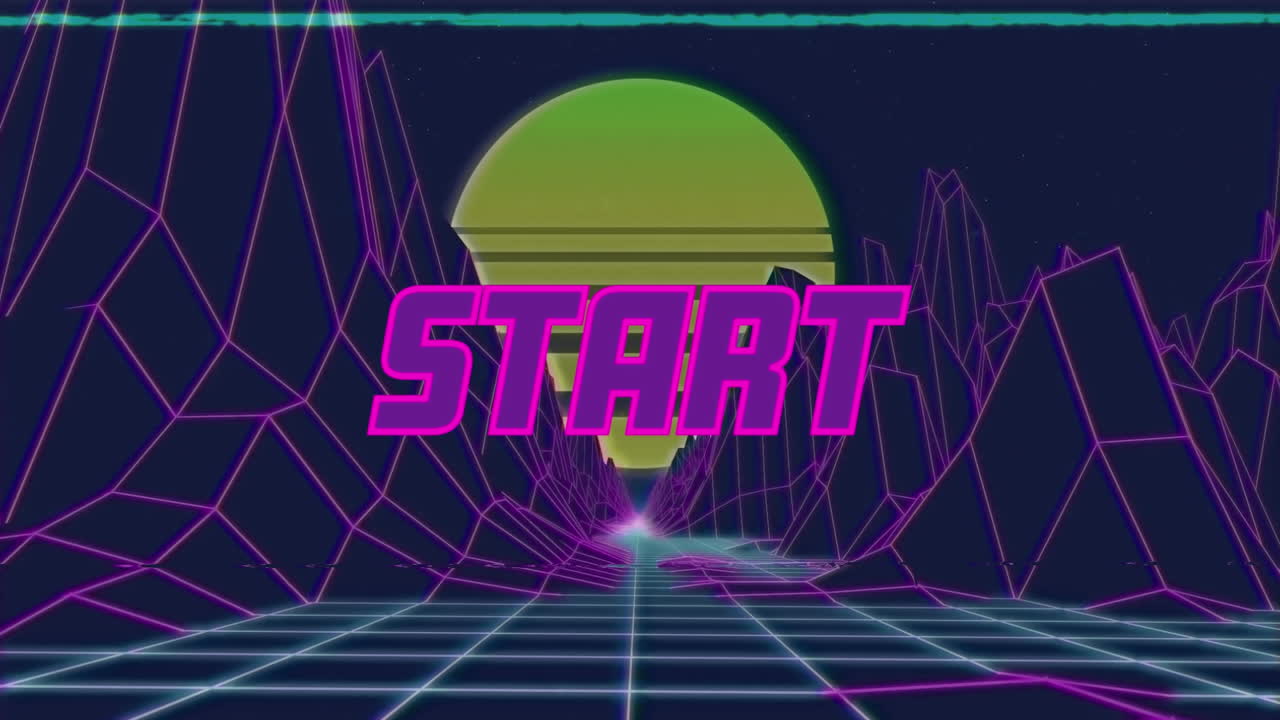 animación del texto de inicio sobre montañas y sol contra fondo negro