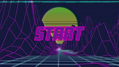 animation of start text over mountains and sun against black background
