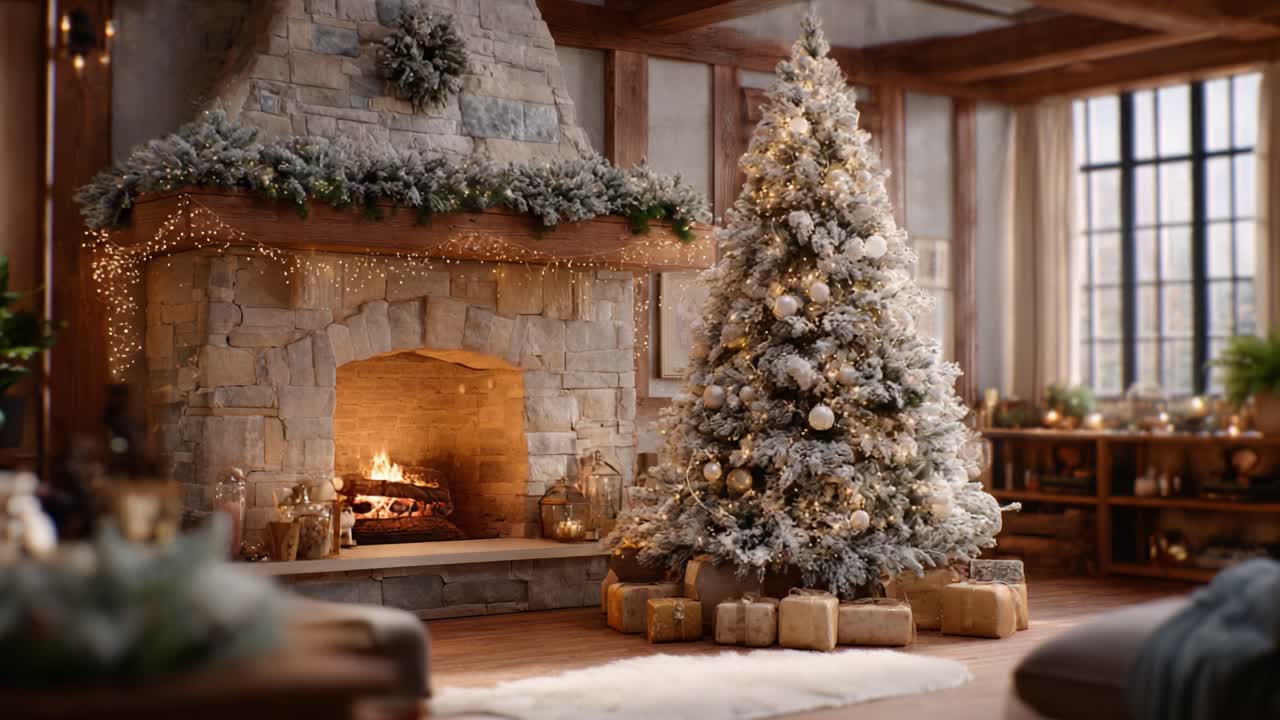 A Cozy, Festive Living Room Scene Featuring a Beautifully Decorated Christmas Tree and a Warm Stone Fireplace Emitting a Gentle Glow, Creating a Holiday Atmosphere