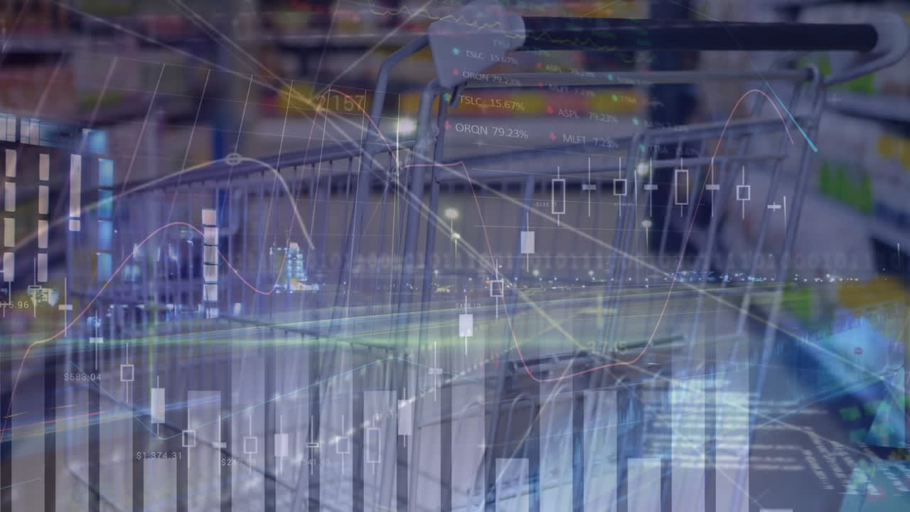 그래프, 거래 보드 및 빈 쇼핑 카트 위로 이동하는 차량의 타임  ⁇ 스 애니메이션