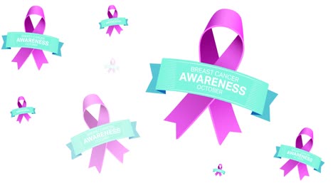 animación de varios logotipos de cinta rosa y texto sobre cáncer de mama que aparecen sobre un fondo blanco