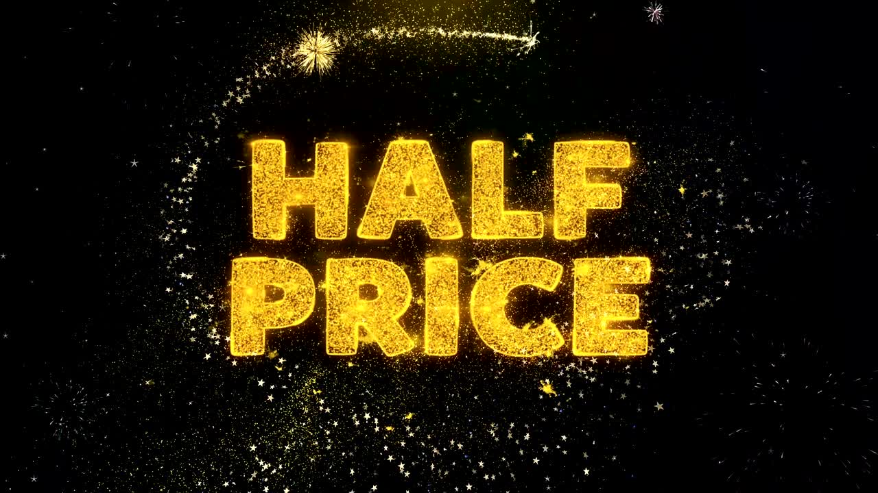 금 입자 불꽃놀이 디스플레이에 절반 가격 텍스트.