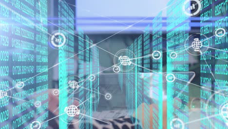 animation of network of connections and data processing over person using tablet