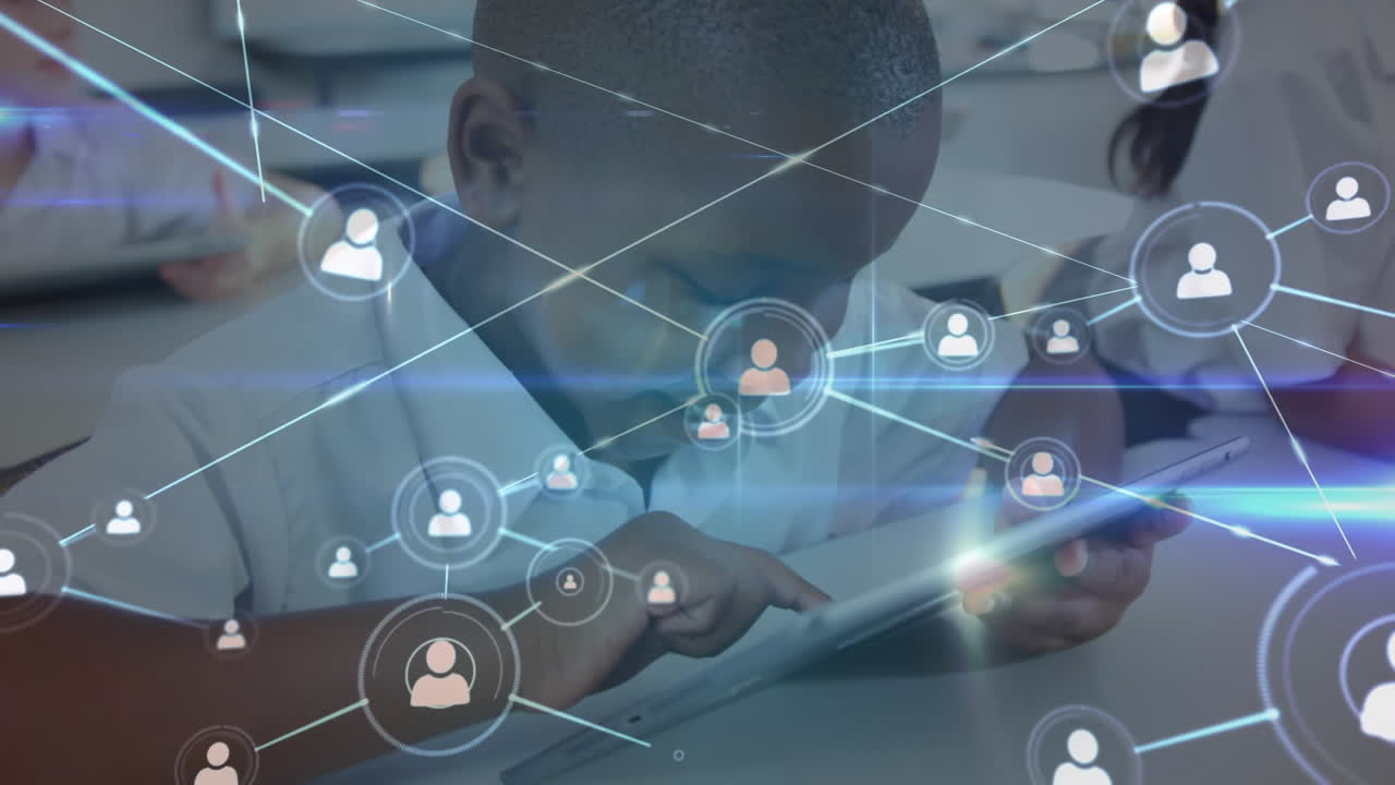 Network of profile icons against african american boy using digital tablet at elementary school