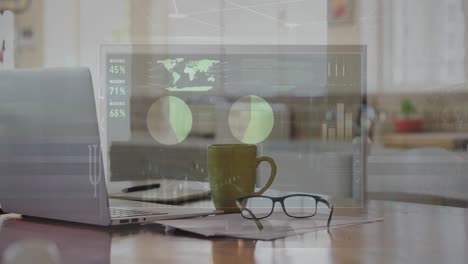 Animation-of-interface-with-data-processing-over-close-up-of-laptop,-glasses-and-coffee-cup-at-home