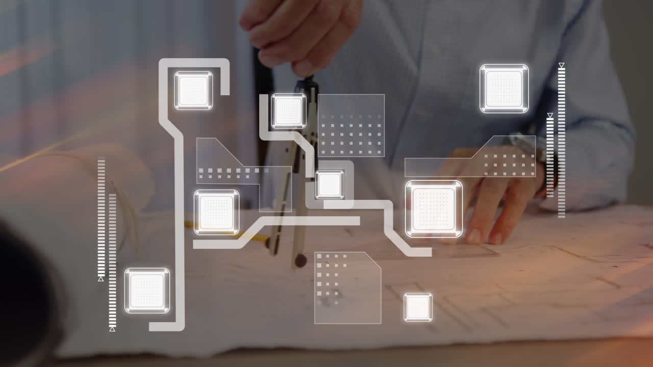 컴퓨터 회로판의 애니메이션을 통해 사무실에서 백인 사업가