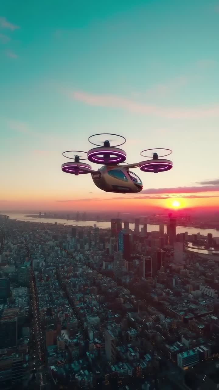 Aerial video of a futuristic drone flying over a cityscape at sunset, showcasing innovation