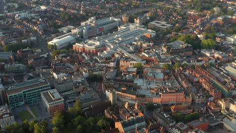 pan down aerial shot over central reading town uk