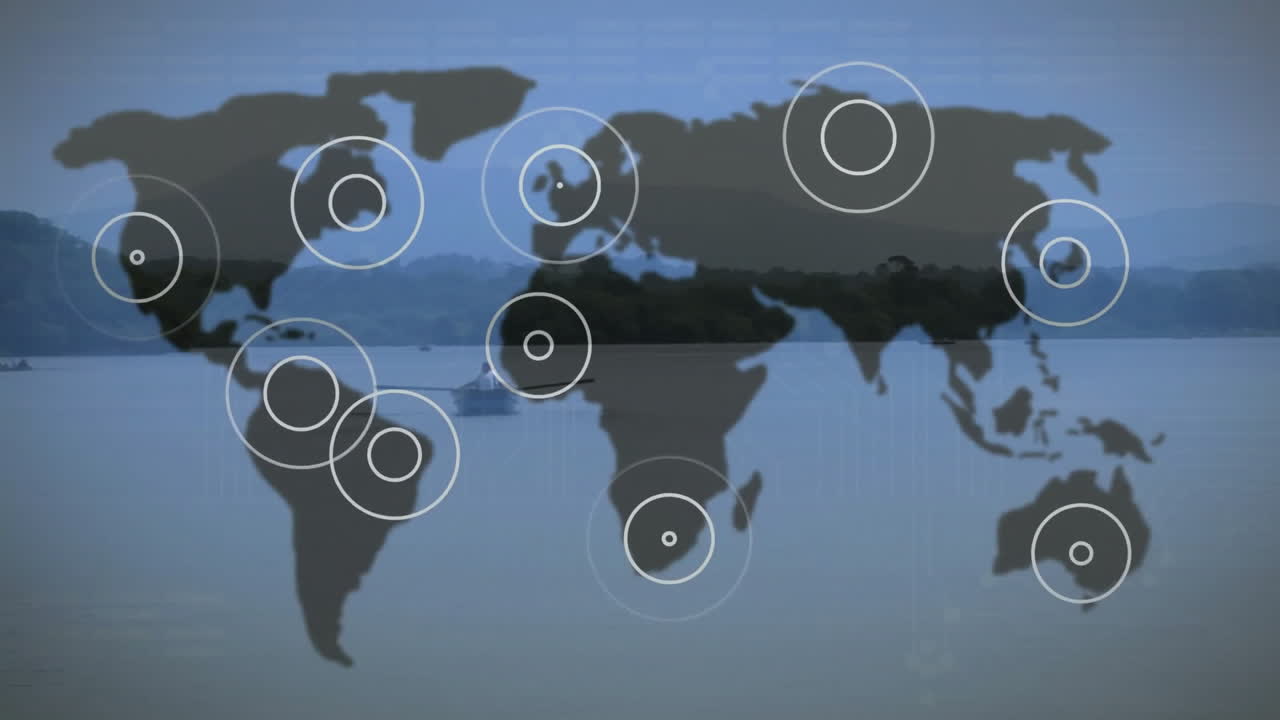 Overlaying circular data points, world map animation on scenic landscape background