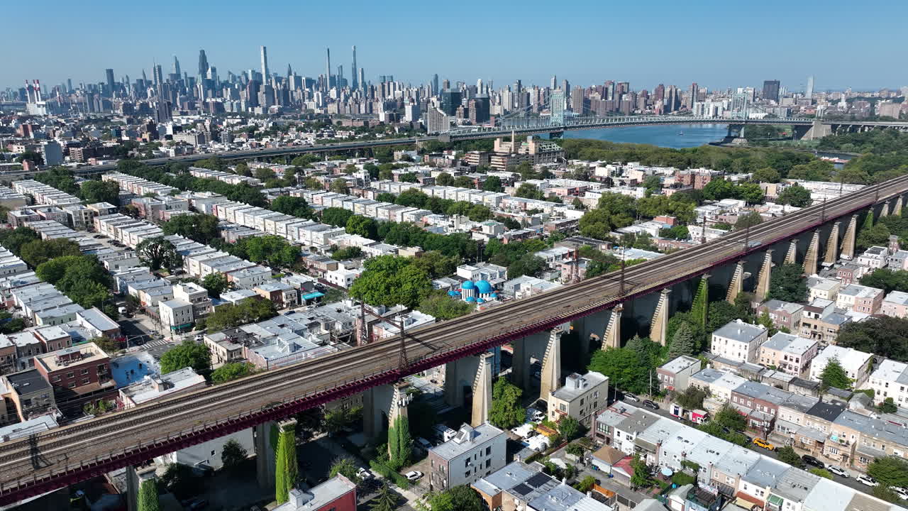 Hell Gate Elevated Railroad Bridge Over Astoria Neighbourhood In New York City, United States. Aerial Shot