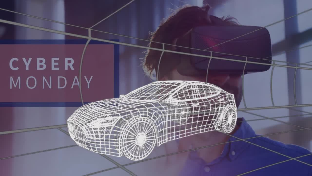 사무실에서 vr 헤드 ⁇ 을 착용한 남자를 상대로 디지털 터널을 통해 3d 자동차 모델