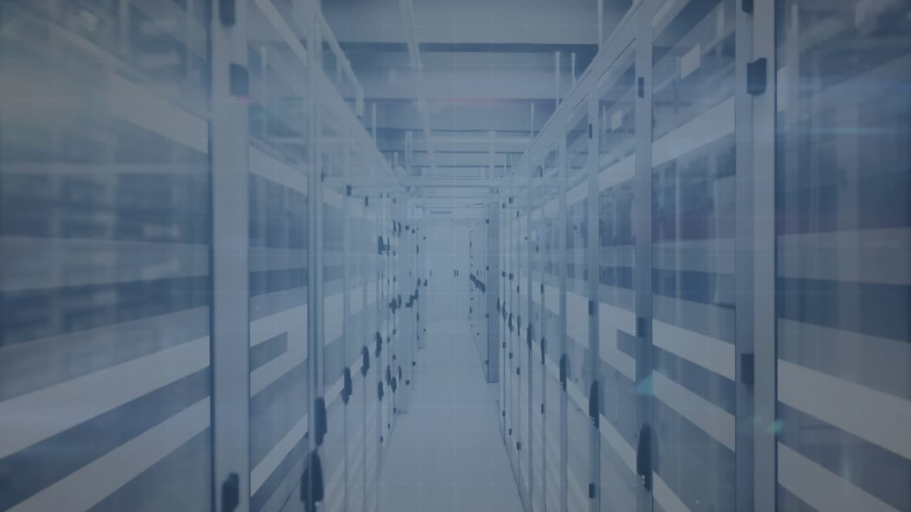 Gliding between server cabinets while forearm tapping interface and showing big data streams