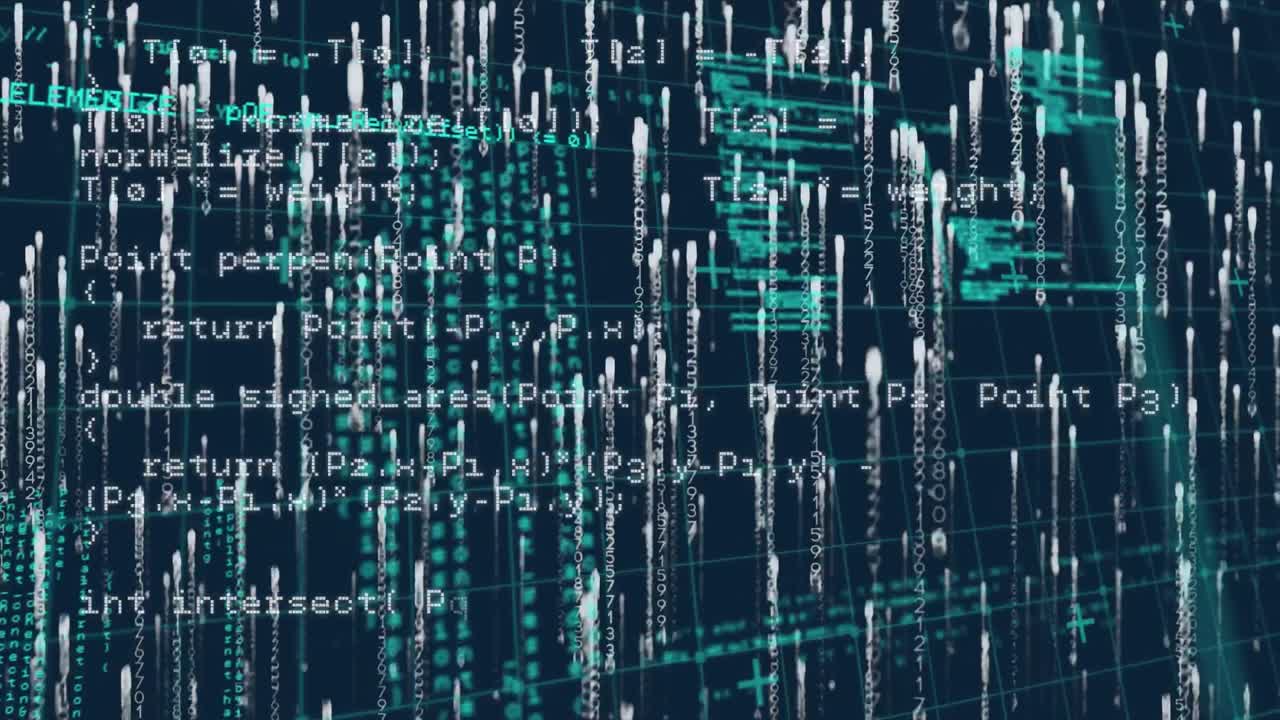 Digital animation of data processing and light trails falling against blue background