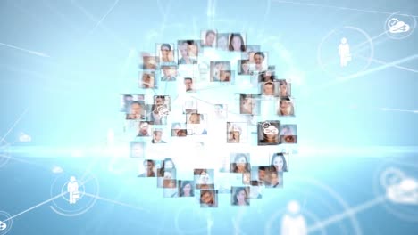 animation of network of connections with icons and user photos on blue background