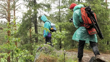 excursionistas con equipo de lluvia en el bosque
