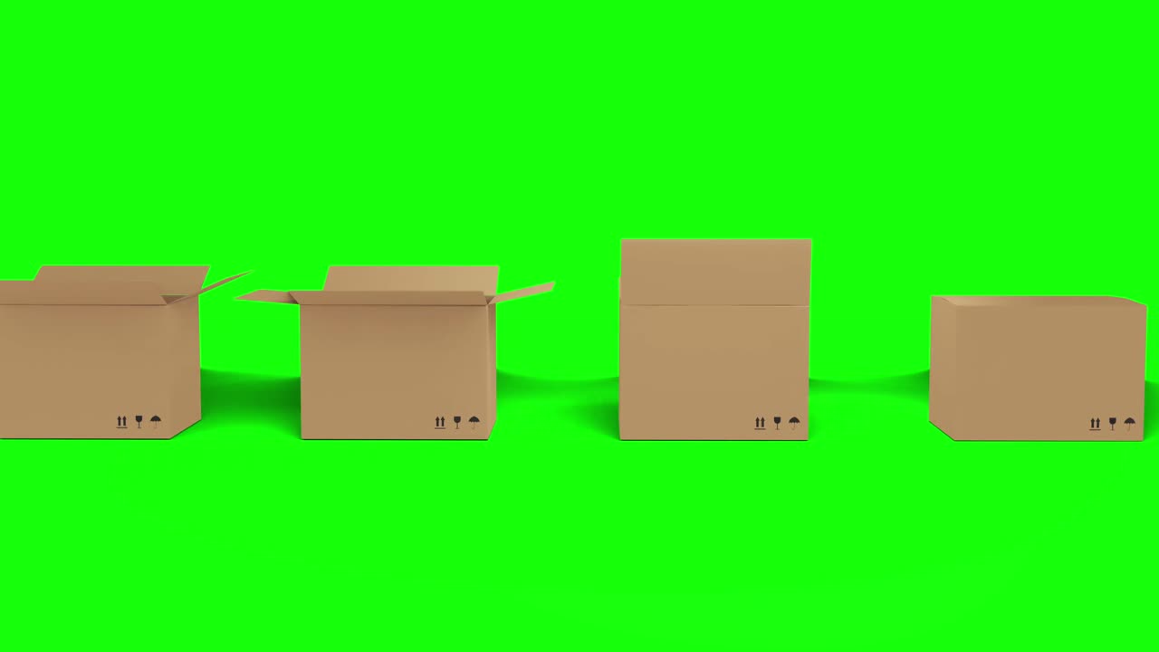 Seamless row of brown cardboard boxes with lids opening on green screen background