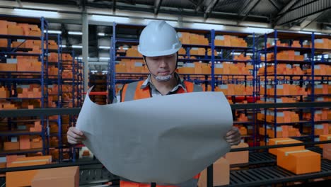ingeniero masculino asiático con casco de seguridad mirando el plano en sus manos y mirando a su alrededor mientras estaba de pie en el almacén con estantes llenos de bienes de entrega