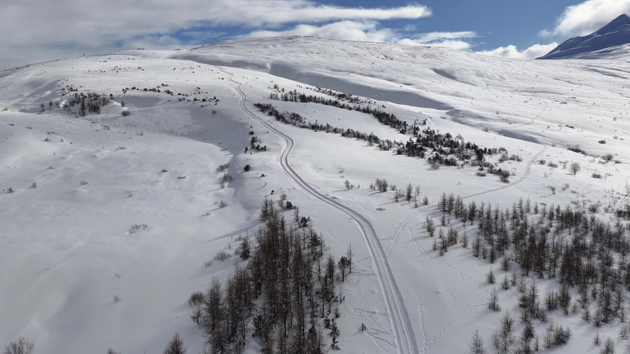 Dronekuva lumipeitteisestä vuoristosolasta lähellä Seyðisfjörðuria Islannissa, mutkittelevan tien ja harvan metsän kera laajan talvitaivaan alla, luoden laajan, luonnonkauniin maiseman.