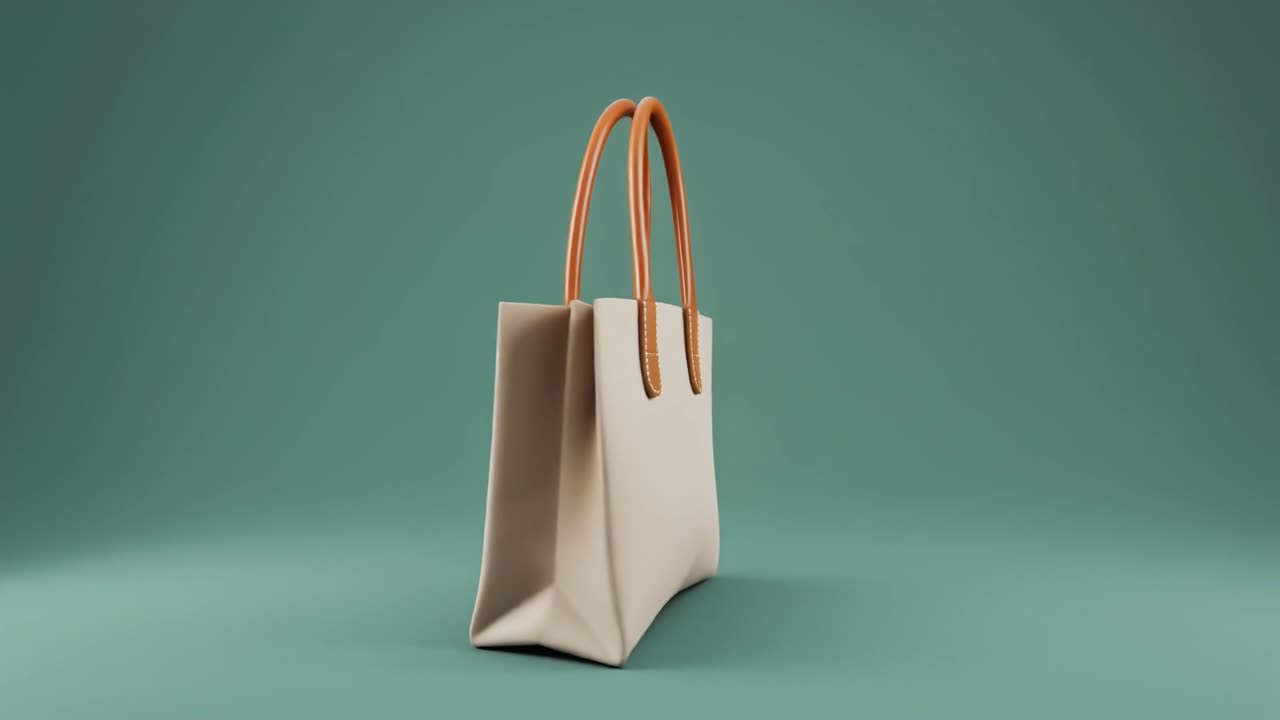 Bolso tote beige con asas marrones girando sobre un fondo verde