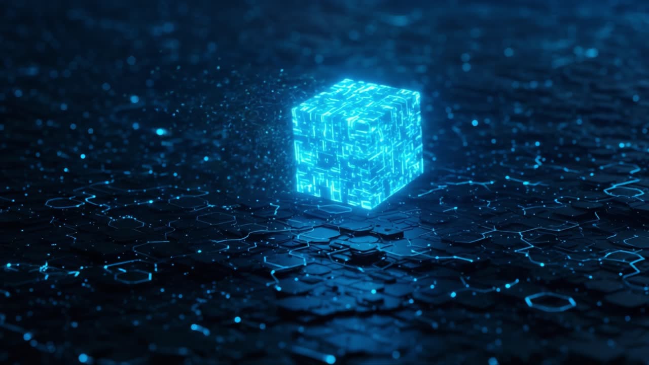 A captivating view of a luminous blue cube surrounded by a textured digital landscape, illustrating the intersection of technology and creativity in a futuristic environment