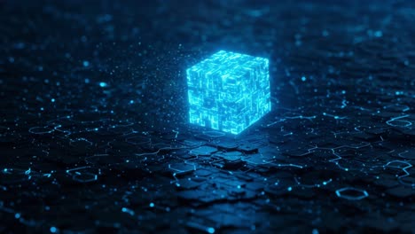a captivating view of a luminous blue cube surrounded by a textured digital landscape, illustrating the intersection of technology and creativity in a futuristic environment