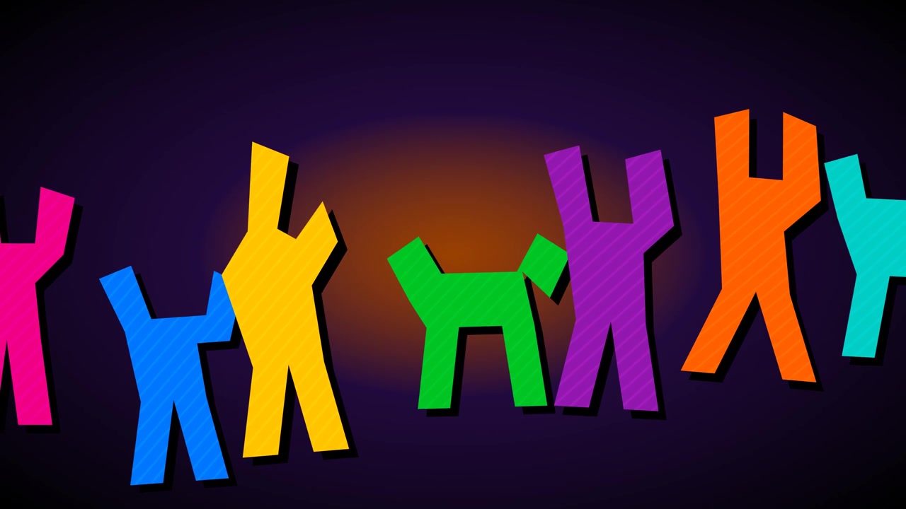 Colorful Paper Cutout Figures Dancing on Dark Background