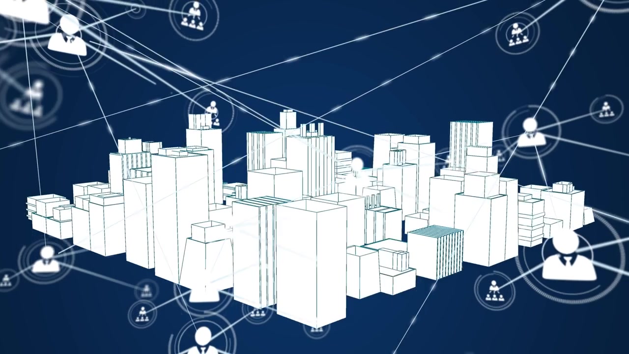 Animation of profile icons connecting with lines over rotating white digital cityscape