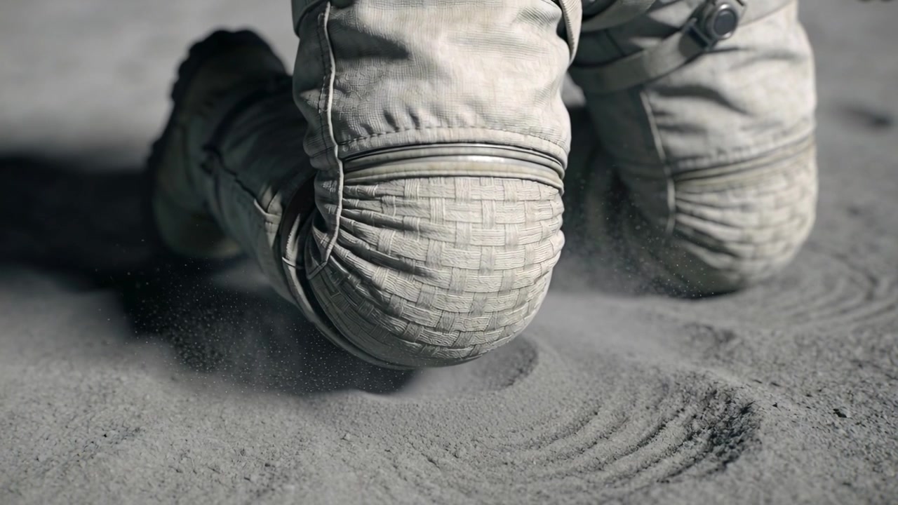 Kneeling padded pressure suit subject pressing knees into grey granular ground, lifting dust plumes