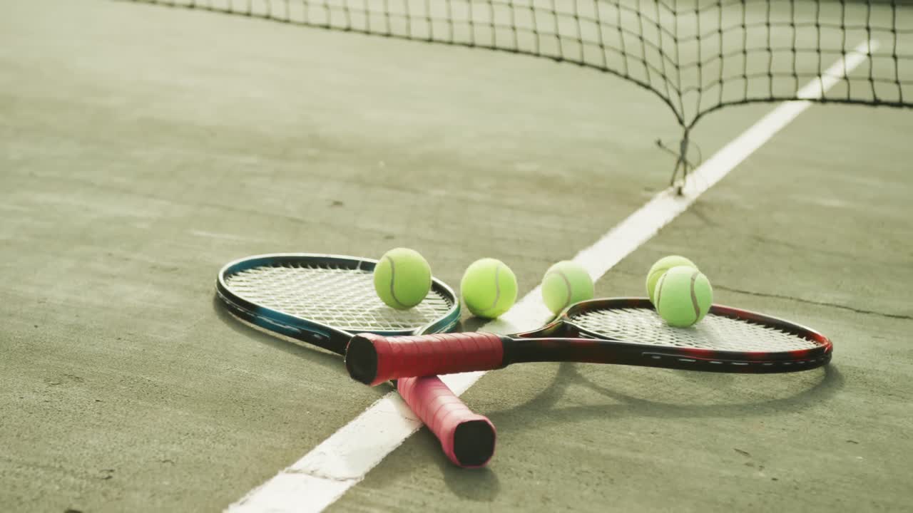 Video of tennis racket and tennis ball on the green court