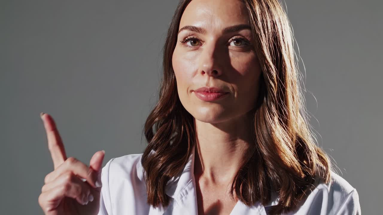 Female medical professional in white lab coat gesturing upward, signaling expertise against neutral gray backdrop, embodying clinical authority and scientific confidence