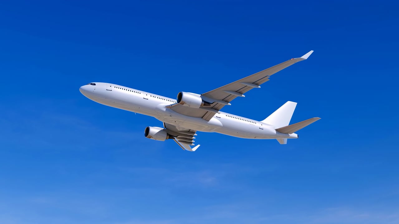 Un grande aereo passeggeri bianco si muove costantemente attraverso un cielo blu vivido con il carrello di atterraggio abbassato, mostrando doppi motori, ali a freccia, fusoliera e coda da un punto di vista angolato basso.