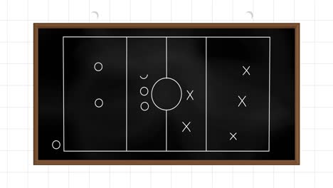 animation of football game strategy drawn on black chalkboard against squared lined paper background