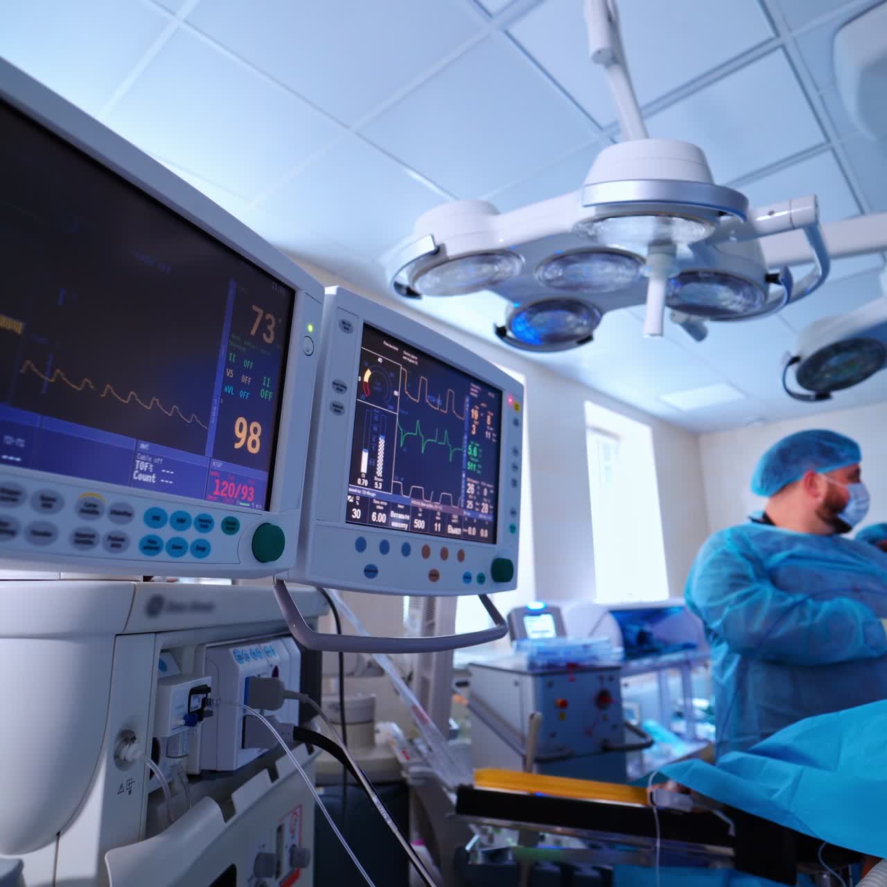 Contemporary equipment in the operating theater. Medical monitors on the background of a surgeon performing operation in the hospital.