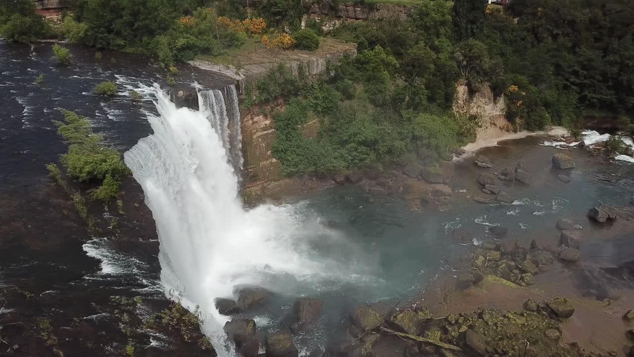Drone Aerial View of Laja Fall, Chile. Stunning Waterfalls and Tourist Attraction on Sunny Day