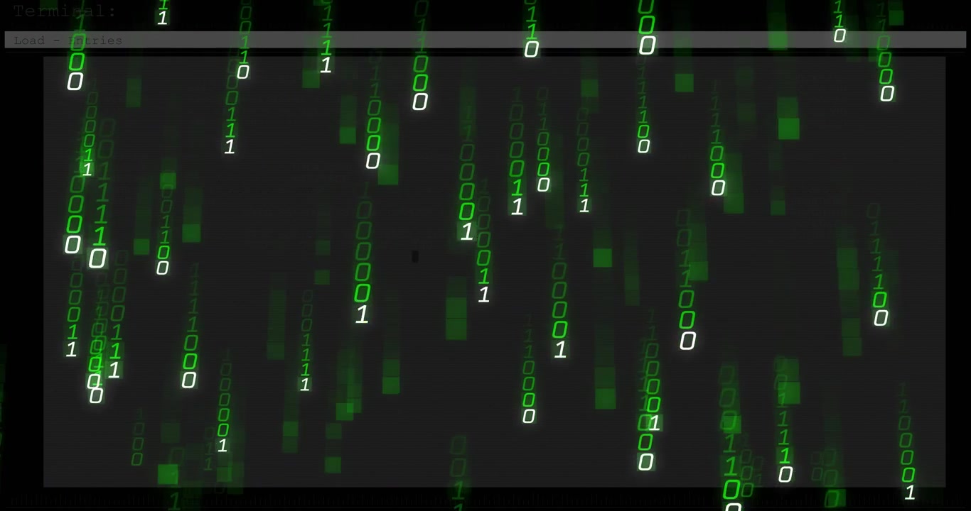 Green binary digits drifting from top initiating terminal bar appearance, streams visualizing data
