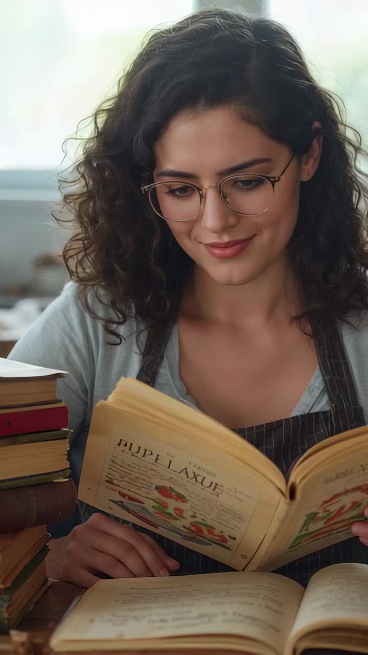 Vertikales Video: Rezept einer Frau mit Schürze und Brille, die zu Hause ein offenes Kochbuch mit Büchern aufschlägt