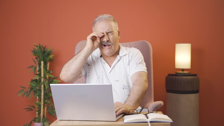 Der alte Mann, der vor einem Laptop eingeschlafen ist